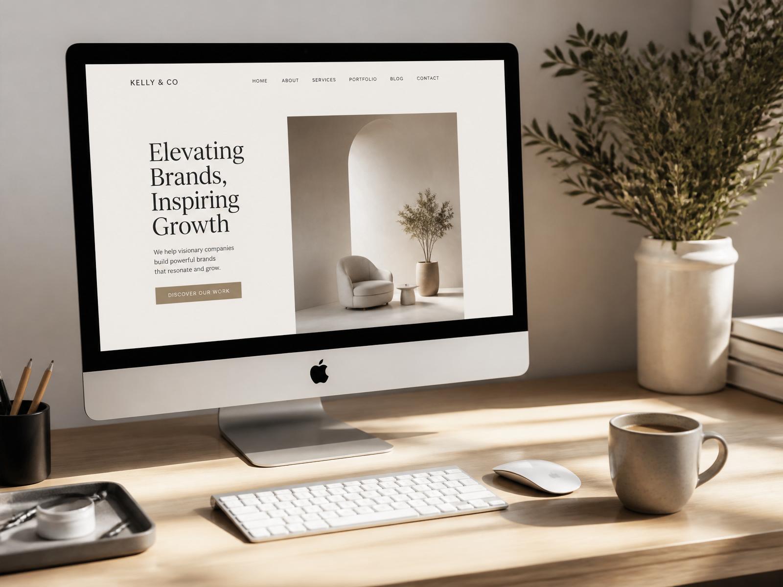Premium website design displayed on a large monitor in a modern workspace